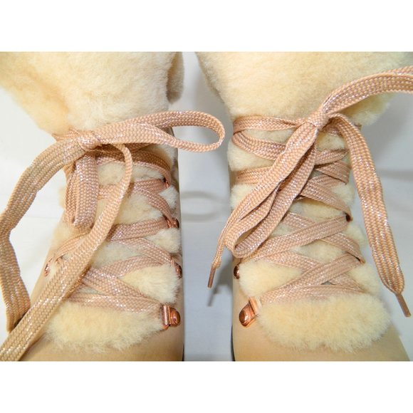 J. Crew 9M Shoes Nordic Wedge Boots Snow Bootie Leather Fur Nude Beige Rose Lace - Picture 4 of 16